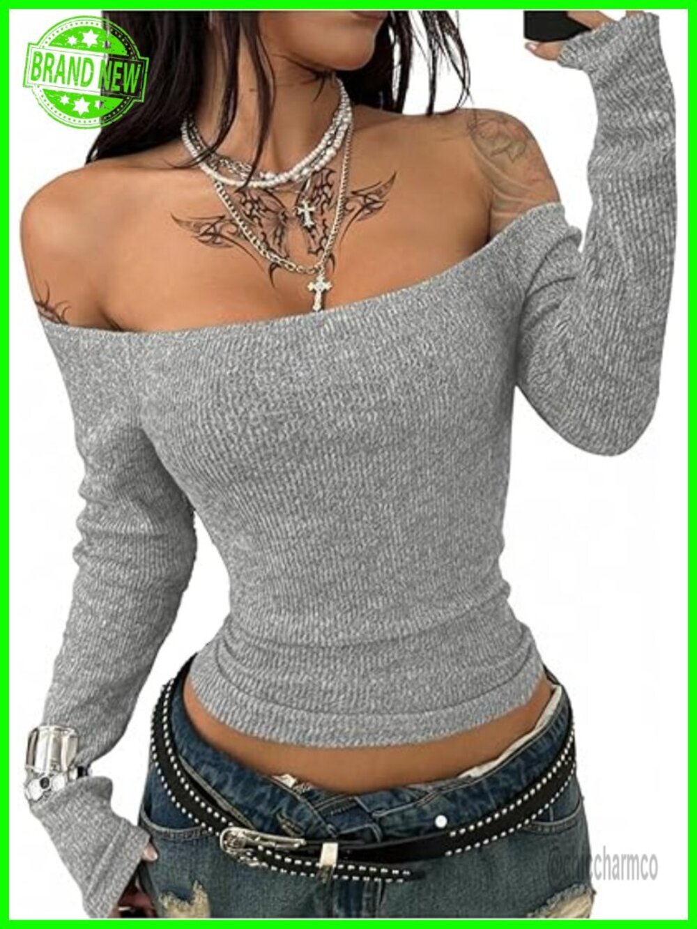 Off The Shoulder Long Sleeve Crop Top Slim Fit Ribbed Knit Going Out Top
